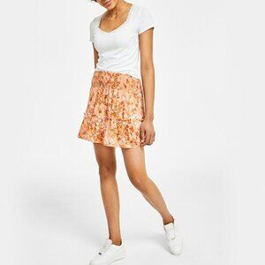 HIPPIE ROSE Juniors' Printed Floral Pink & Orange Smocked-Waist Mini Skirt NWT